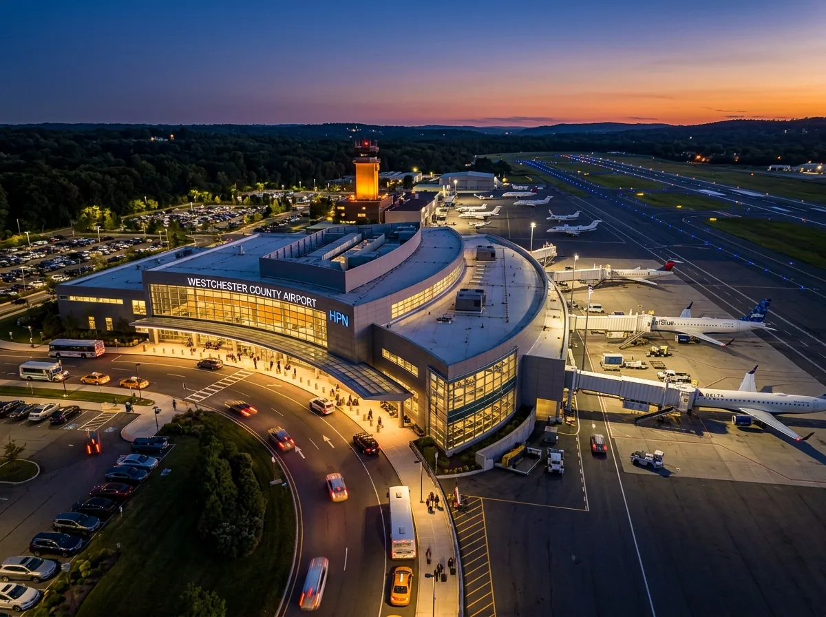 Westchester County Airport terminal exterior at dusk, warm amber lighting, sleek modern architecture, aerial perspective