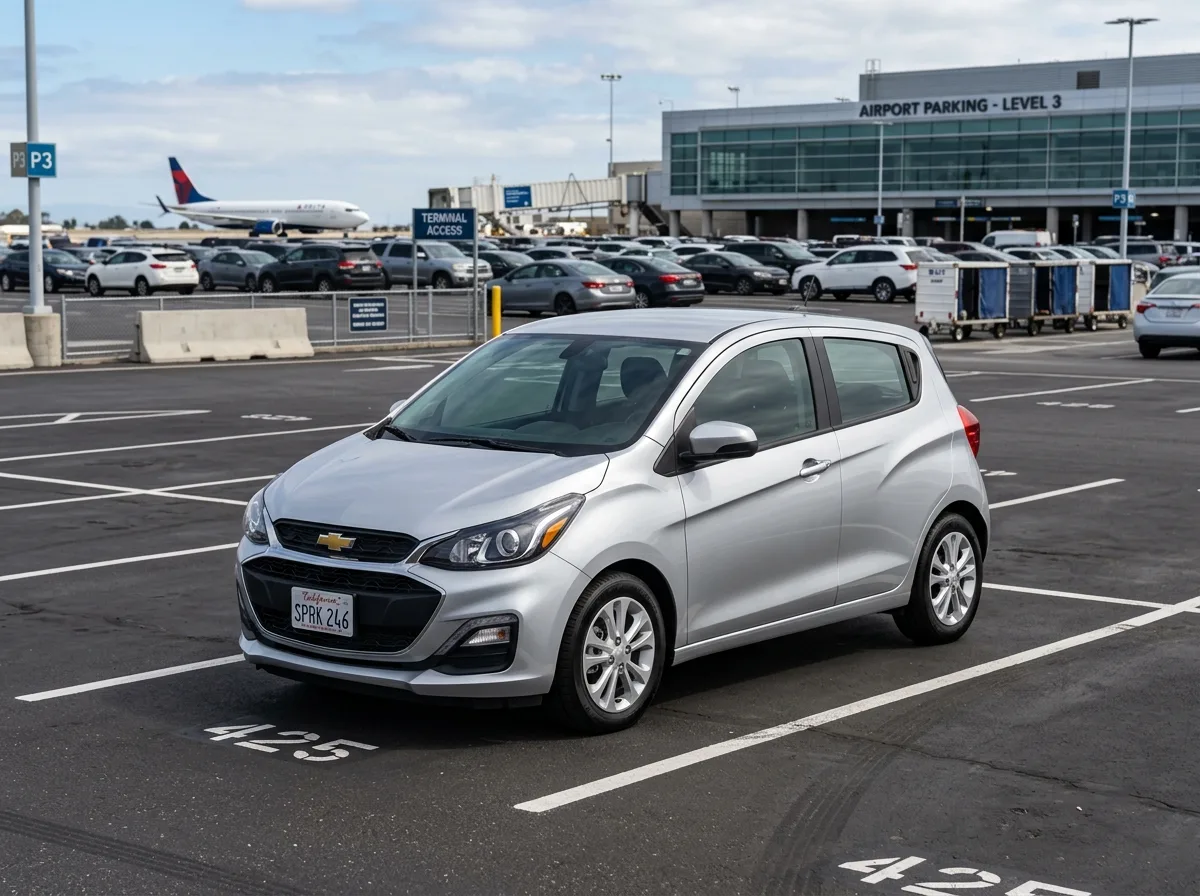 Economy hatchback Chevrolet Spark silver, airport parking lot background, clean product shot