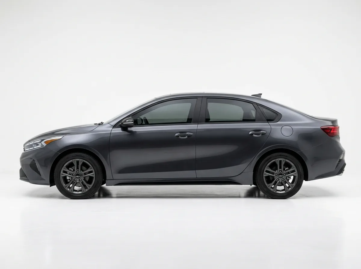 Intermediate sedan Kia K4 dark gray, side profile, white background clean product photo