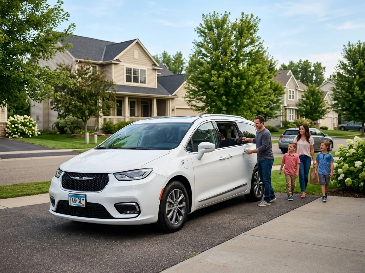Chrysler Pacifica minivan white, family vehicle, three-quarter front view, suburban setting