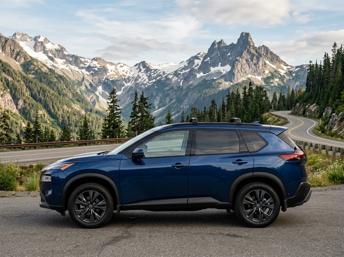 Nissan Rogue compact SUV dark blue, side profile view, outdoor mountain backdrop