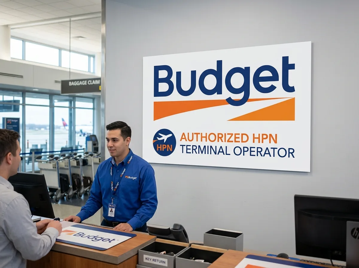 Budget Car Rental logo orange and blue, authorized HPN terminal operator