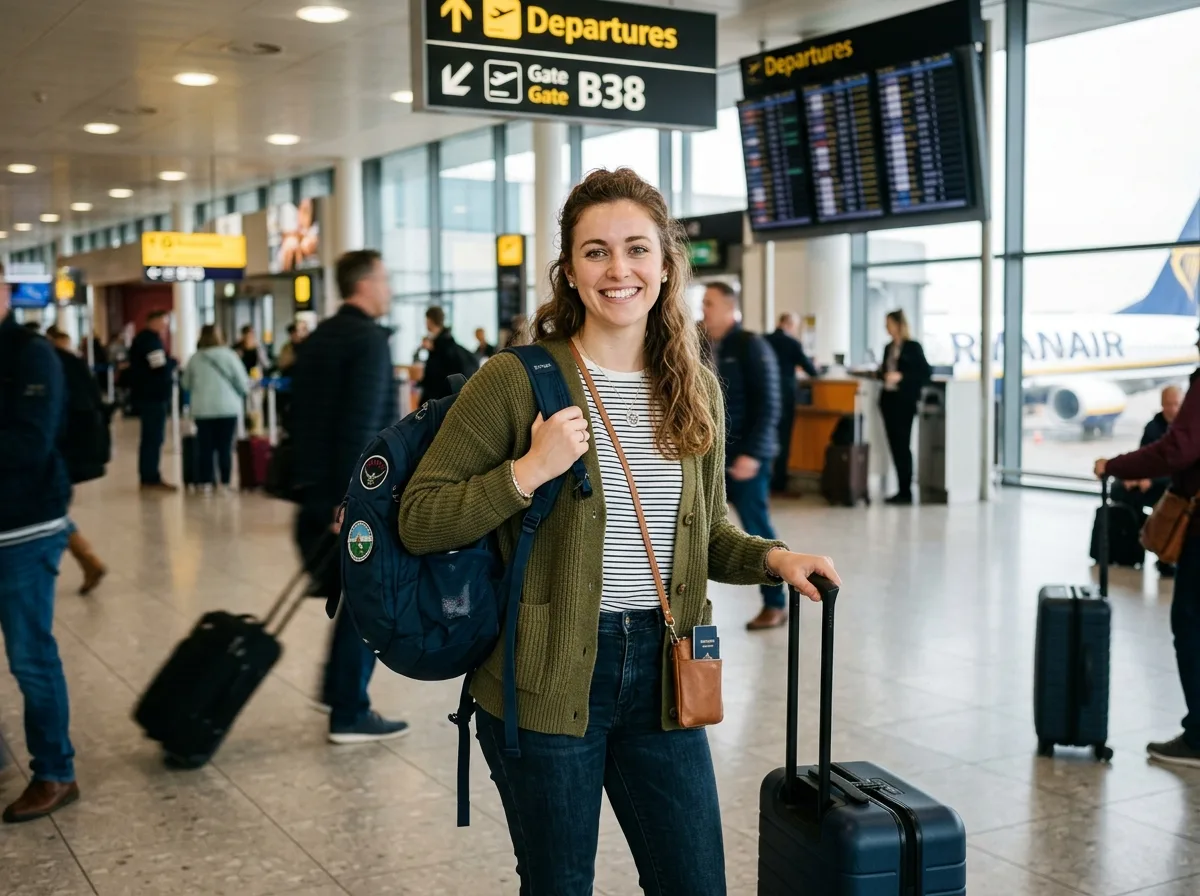 Portrait of Rachel M., solo traveler, smiling, luggage in background at airport